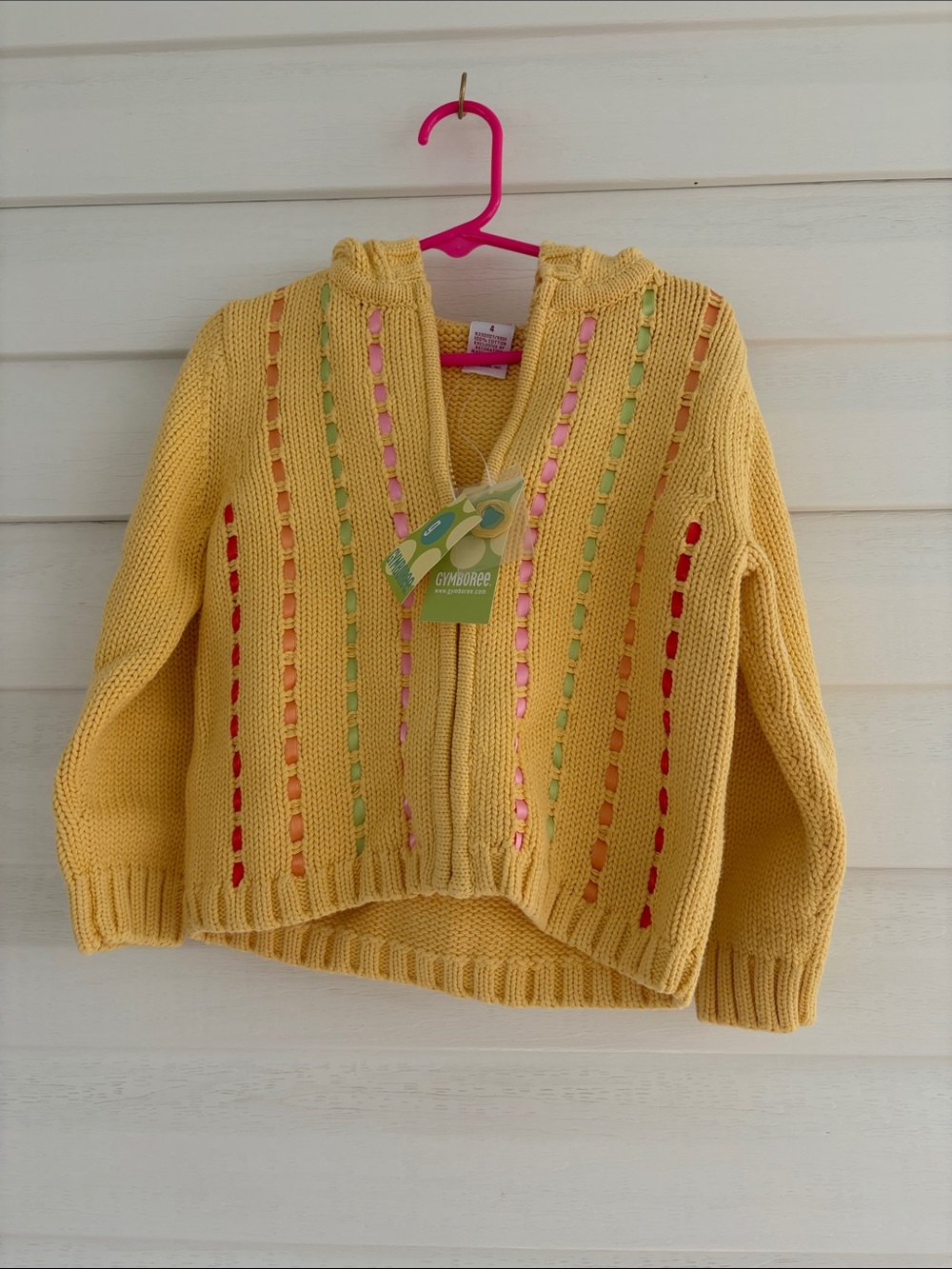 Gymboree Vintage Y2K Hooded Zip Sweater Size 4 NWT Yellow Knit Pom Pom Hoodie